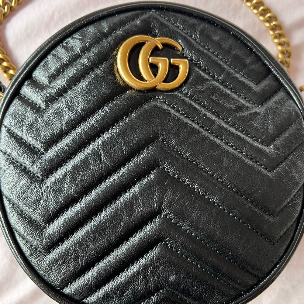 GUCCI Calfskin Matelasse Mini GG Marmont Round Shoulder Bag in Black